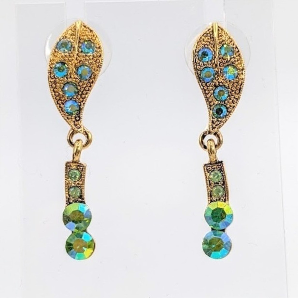 VTG Aurora Borealis AB Rhinestone Leaf‎ Dangle Earrings Iridescent Botanical